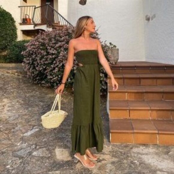 Zara Dresses & Skirts - Zara Olive Green Linen Blend  Strapless Shoulder Smocked Midi Dress Size M Boho
